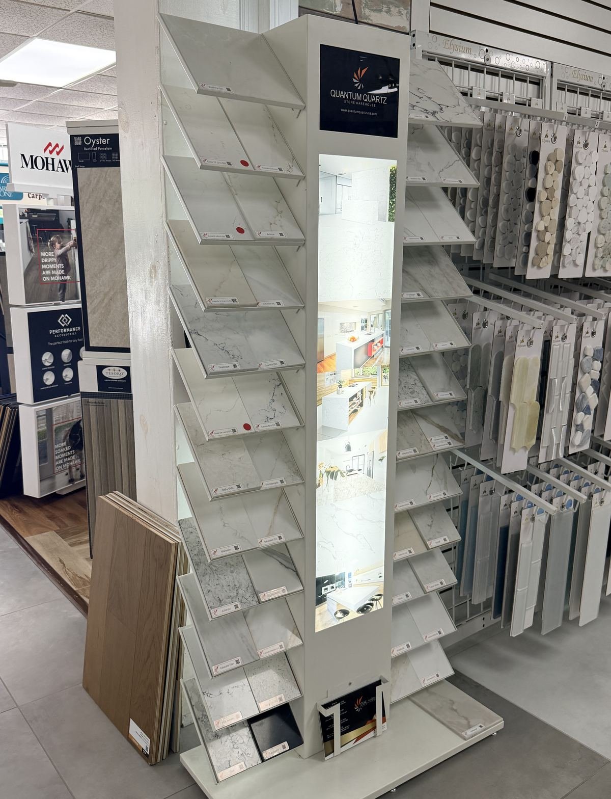 Quantum Quartz countertop sample display in Carpet Corner Kitchen and Bath showroom, Holiday FL