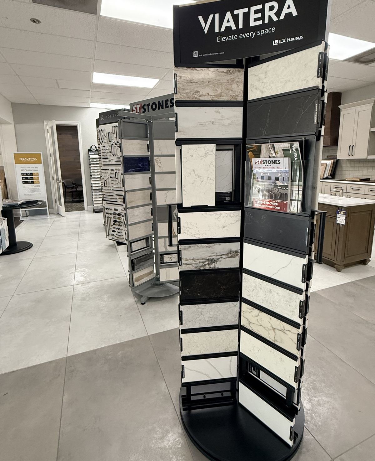 Viatera quartz countertop sample display tower in Carpet Corner Kitchen and Bath showroom, Holiday FL