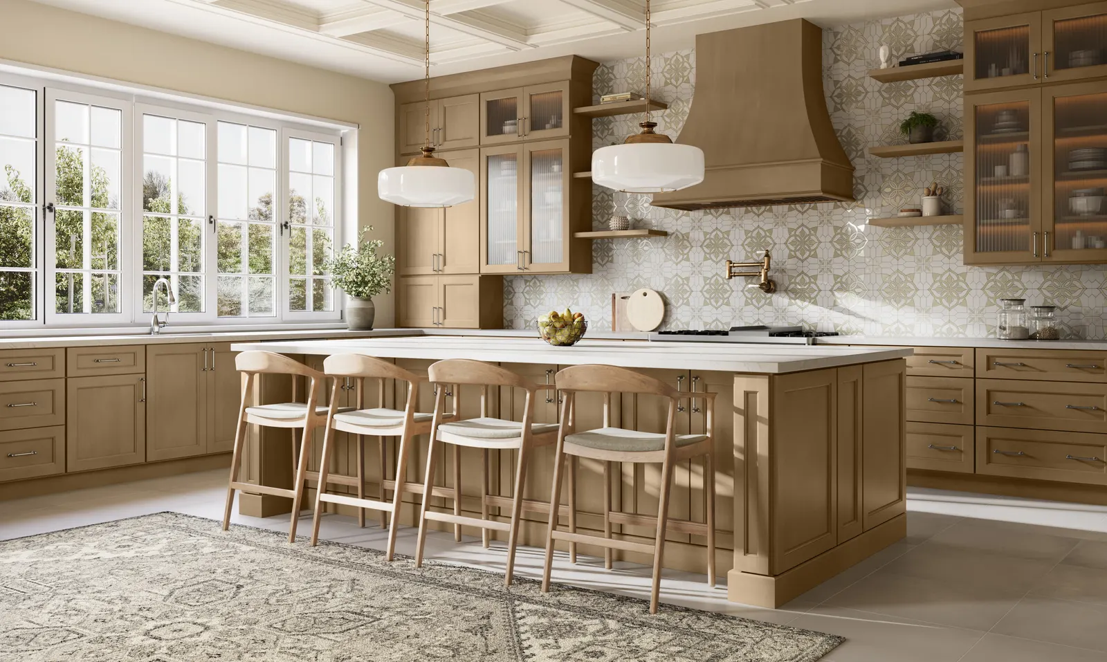 Kitchen rendering with US Cabinet Depot Haven Ridge stained cabinets and island