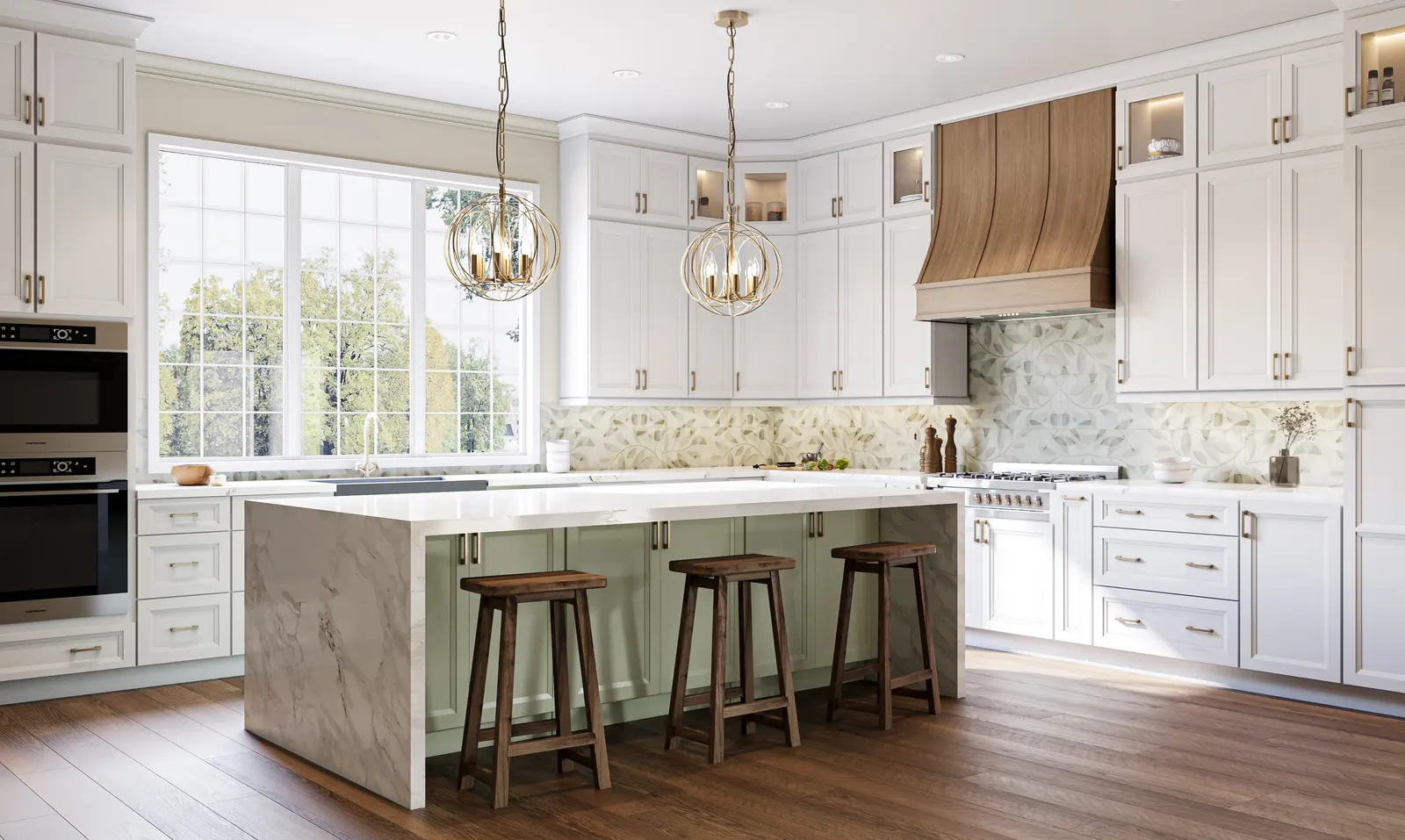 Kitchen rendering with US Cabinet Depot Oxford White perimeter cabinets, Oxford Sage island, and Oxford Toffee accents