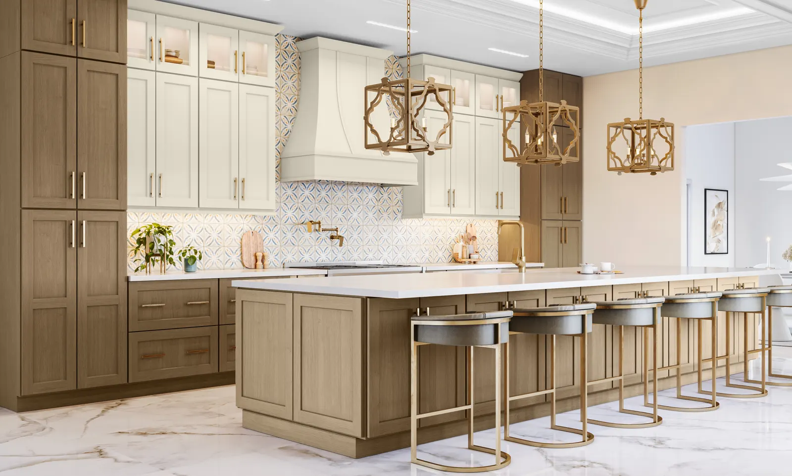 Kitchen rendering with US Cabinet Depot Shaker cabinets in Essence Oak and Antique White